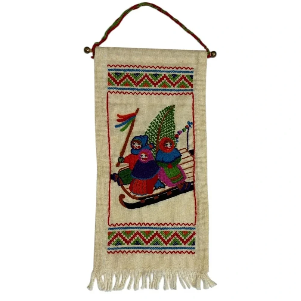 Vintage Scandinavian Crewel Embroidered Wall Hanging Folk Art Christmas 8